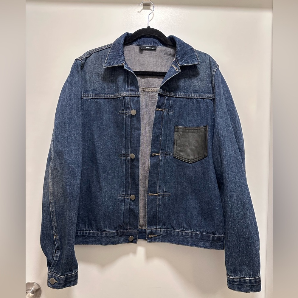 The Kooples Selvedge Blue Denim Type 2 Leather Pocket Jean Jacket L Slim